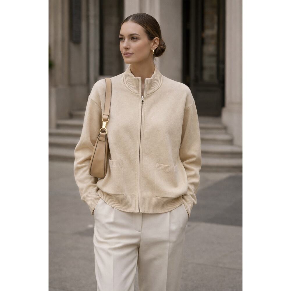 Soia&Kyo Cream Zip-Up Knit Sweater Crew Neck Relaxed Fit Jacket Size Small